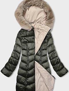 Dámská oboustranná zimní bunda s kapucí khaki-béžová (B8202-11046)