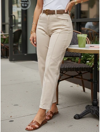 Dámské džíny s páskem mom fit UY3056  béžové - FashionStreet