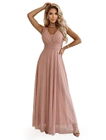 637-7 Dlouhé maxi šaty s brokátovým akcentem a hlubokým výstřihem - pudrově růžové