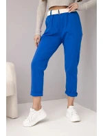 Dámské bavlněné kalhoty s páskem a ohrnutými nohavicemi chabrové