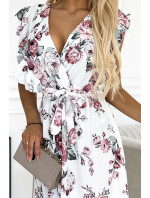 GABRIELLA - Bílé dámské šaty s volánky, výstřihem, zavazováním a se vzorem vínových bordó růží 466-1