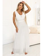 637-8 Dlouhé maxi šaty s brokátovým akcentem a hlubokým výstřihem - ecru barva