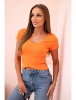 Dámská pruhovaná blůza s V výstřihem a krátkým rukávem pomerančová