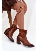 Kožené Kožené Kozačky Pro Ženy Na Podpatku Vyhřívané Zazoo 60565 Hnědé