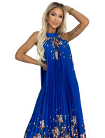 Plisované saténové maxi šaty Numoco ESTER - modré s květy