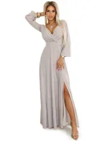 572-3 NELA třpytivé dlouhé šaty s výstřihem, dlouhými rukávy a rozparkem na nohou - BEACH