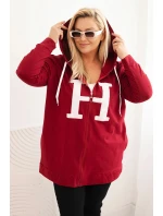 Dámská mikina Plus Size bavlněná s kapucí a velkým písmenem H bordová