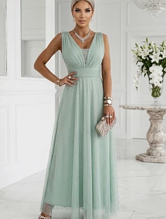 637-5 Dlouhé maxi šaty s brokátovým akcentem a hlubokým výstřihem - pistáciová barva