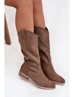 Dámské kozačky ve western stylu na nízkém podpatku Cherrie – tmavě béžové, eko zamsz