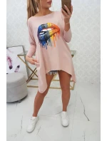 Oversize halenka s potiskem duhových rtů tmavě pudrově růžová