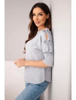 Dámský svetr s krátkým rukávem a ozdobnými mašličkami šedý