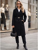 Elegantní černý dámský dvouřadý kabát s páskem FashionStreet NY0791 Elegantní černý dámský dvouřadý kabát s páskem FashionStreet NY0791