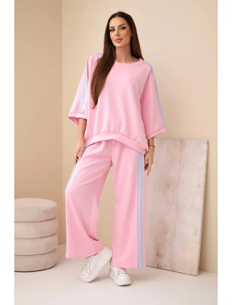 Dámský set viskózový máslový s širokou nohavicí a volnou blůzou světle růžový