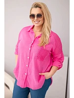Dámská bavlněná košile Plus Size s límečkem a krajkovou vložkou růžová