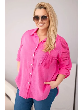 Dámská bavlněná košile Plus Size s límečkem a krajkovou vložkou růžová