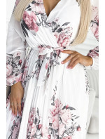 BIANCA - Delší bílé dámské plisované šaty se vzorem růží, s výstřihem, dlouhými rukávy a páskem 416-1