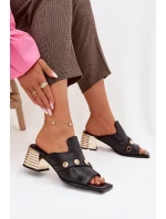 Kožené sandály na podpatku s ozdobnou páskou D&A CR61-3063 Černé