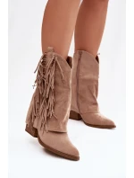 Dámské kotníkové kozačky – kovbojky se třásněmi na sloupku Gralina – khaki Dámské kotníkové kozačky – kovbojky se třásněmi na sloupku Gralina – khaki