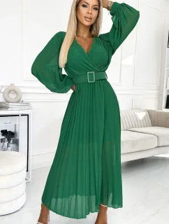 414-3 KLARA plisované šaty s páskem a výstřihem - SVĚTLE ZELENÉ