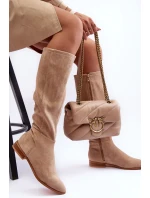 Kůže Kozačky S Plochou Podpatek Bežové Eelin