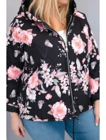 Dámská jarní prošívaná bunda Plus Size s kapucí a květinovým vzorem černá