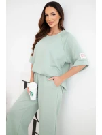 Dámský komplet z viskózy mikina a široké kalhoty máslový tmavě mentolový