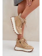 Kožené Sneakersy Trapery Dámské S Kožíškem Na Platformě Big Star OO274A330 Béžové