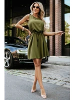 296-14 VICTORIA Trapézové šaty bez rukávů se zavazováním v pase - khaki barva