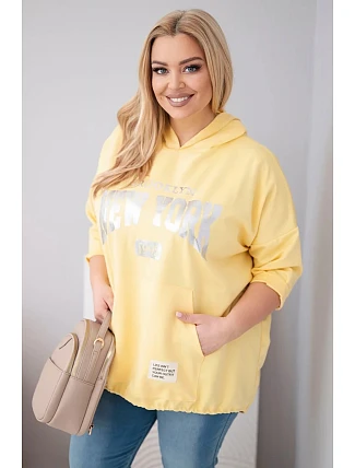 Dámská mikina Plus Size z viskózy s kapucí a klokaní kapsou žlutá