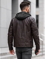 Pánská kožená zateplená bunda s kapucí, hnědá, FashionStreet TX5142