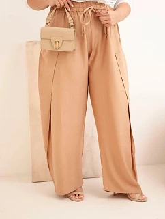 Dámské bavlněné kalhoty Plus Size s gumou v pase camelové