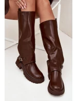 Zateplené kozačky s ohrnutým svrškem a přezkou čokoládové Fiorae