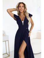 660-1 Elegantní maxi šaty s volánky, hlubokým výstřihem a rozparkem na nohou - tmavě modré