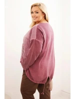 Dámská mikina Plus Size bavlněná s potiskem srdce a šňůrkami tmavě růžová