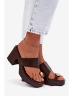 Dámské Pantofle na Podpatku se Zlatým Detalem Čokoládové Sinora