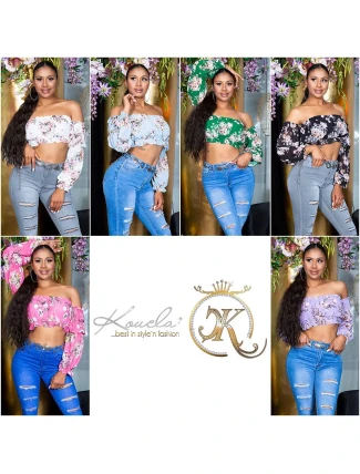 Dámský sexy volánkový top Carmen T80149 Růžová s květinovým vzorem - Style fashion Dámský sexy volánkový top Carmen T80149 Růžová s květinovým vzorem - Style fashion