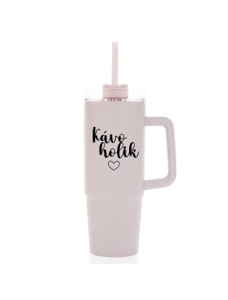 KÁVOHOLIK - růžový cestovní termohrnek s průhledným víčkem 900 ml