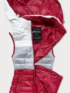 Bílo-šedo-červená dámská vesta s kapucí (6304)