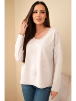 Dámská bavlněná blůza s vyšívanými květy a V výstřihem bežová