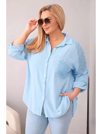 Dámská bavlněná košile Plus Size s límečkem a krajkovou vsadkou modrá