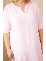 Dámské viskózové šaty Plus Size s krátkým rukávem a výstřihem do V bonbónově růžová