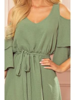 MARINA - Vzdušné dámské šaty v olivové barvě s dekoltem 292-6 MARINA - Vzdušné dámské šaty v olivové barvě s dekoltem 292-6
