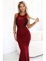 617-2 Dlouhé šaty ve tvaru mořské panny s černou krajkou a síťovinou - vínové 617-2 Dlouhé šaty ve tvaru mořské panny s černou krajkou a síťovinou - vínové