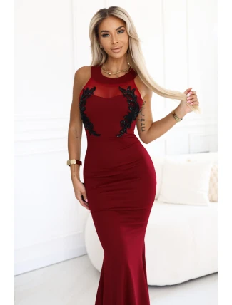 617-2 Dlouhé šaty ve tvaru mořské panny s černou krajkou a síťovinou - vínové 617-2 Dlouhé šaty ve tvaru mořské panny s černou krajkou a síťovinou - vínové