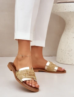 Kožené pantofle s ozdobným detailem a pletením Zazoo 40426 zlaté