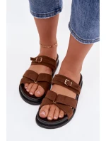 Dámské pantofle s pásky a zlatým sponou Hnědé Selorina