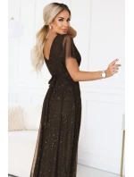 635-4 MELANIA dlouhé lesklé šaty s výstřihem a krátkými rukávy - čokoládové 635-4 MELANIA dlouhé lesklé šaty s výstřihem a krátkými rukávy - čokoládové