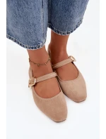 Dámské eko semišové baleríny s páskem a zlatou přezkou Adelora – béžové
