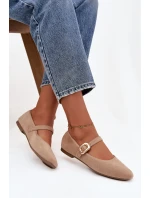 Dámské eko semišové baleríny s páskem a zlatou přezkou Adelora – béžové