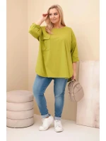 Dámská blůza Plus Size s bavlnou, kapsou a ohrnutým rukávem olivová